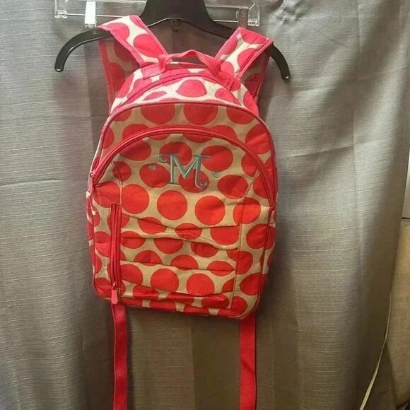 Thirty-One Mod Coral Polka Dot backpack Monogram M - Picture 1 of 10
